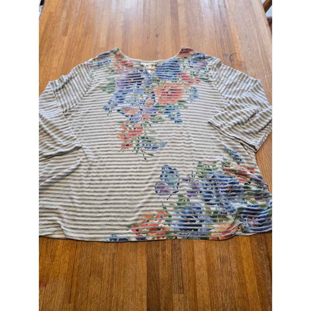 Alfred Dunner Women 2XL Gray White Striped Indigo Daze‎ Floral 3/4 Sleeve Top